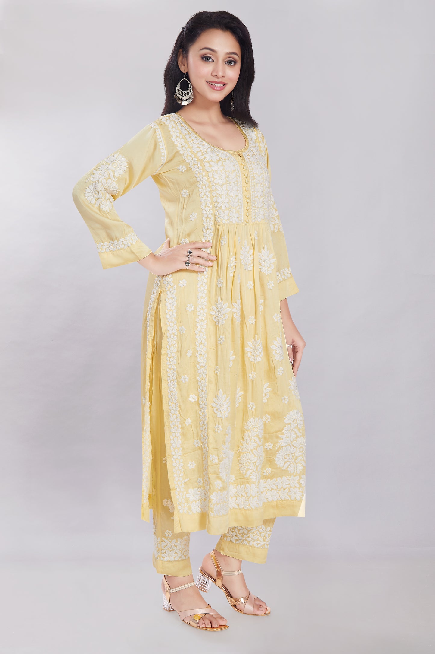 Huma Yellow Modal Satin Gherdaar Set
