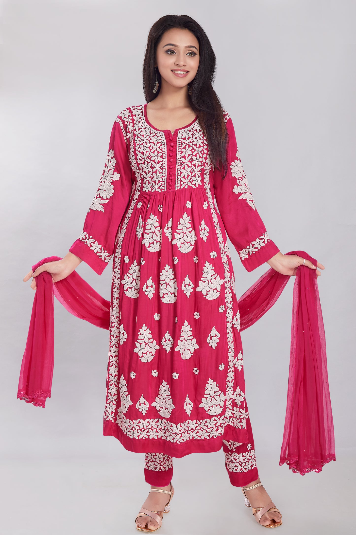 Huma Cherry Pink Modal Satin Gherdaar Set