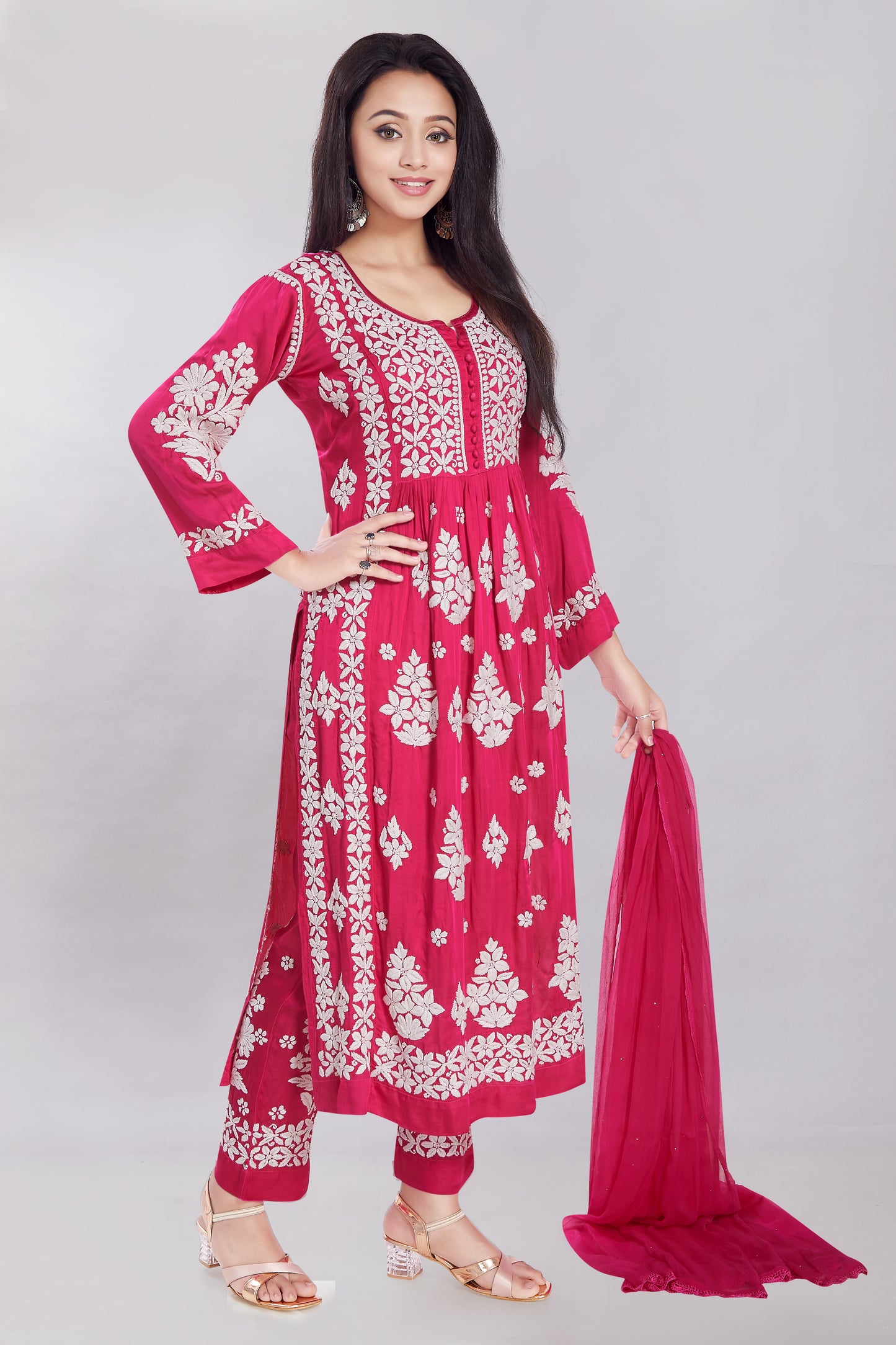 Huma Cherry Pink Modal Satin Gherdaar Set