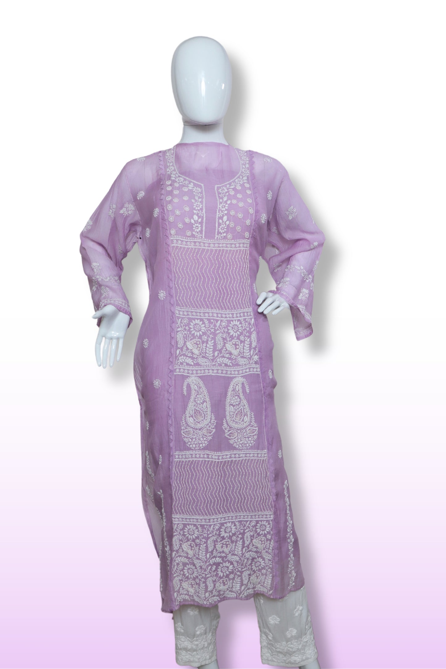 Unstitched Mulchanderi Kurta with Mul Lining and Pants Material in Cotton Satin.