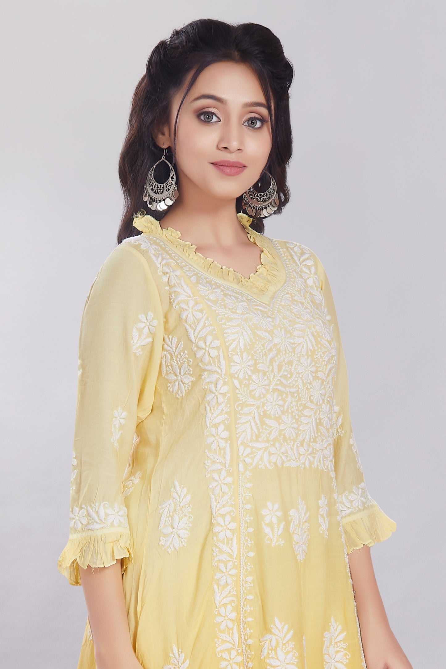 Shagufta Lemon Yellow Muslin A Line Kurti with Frills.