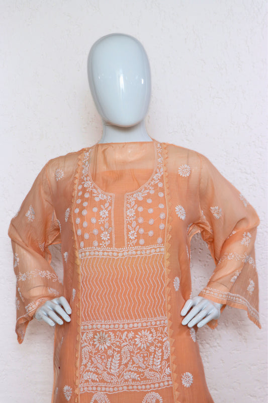 Unstitched Mulchanderi Kurta with Mul Lining and Pants Material in Cotton Satin.