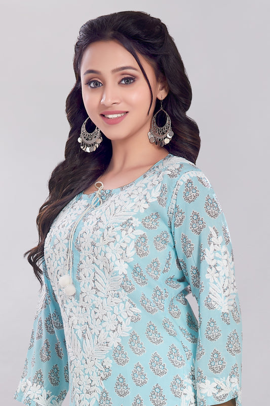 Firdaus Printed Modal Kurti in Aqua Blue