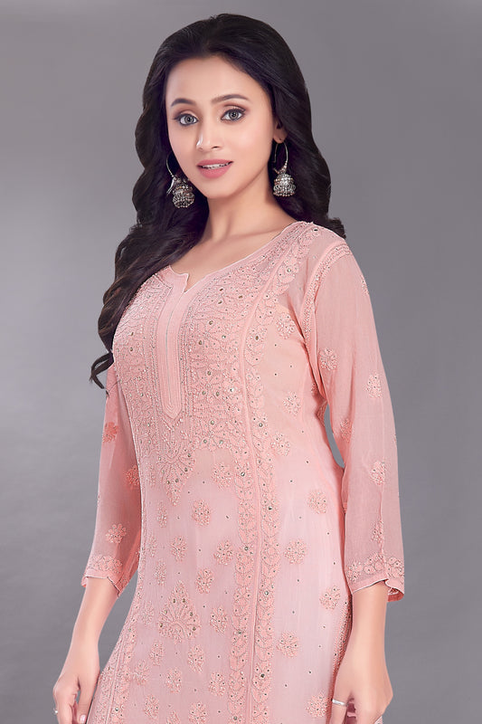 Naaz Powder Pink Georgette Gala Booti Kurti with Mukaish