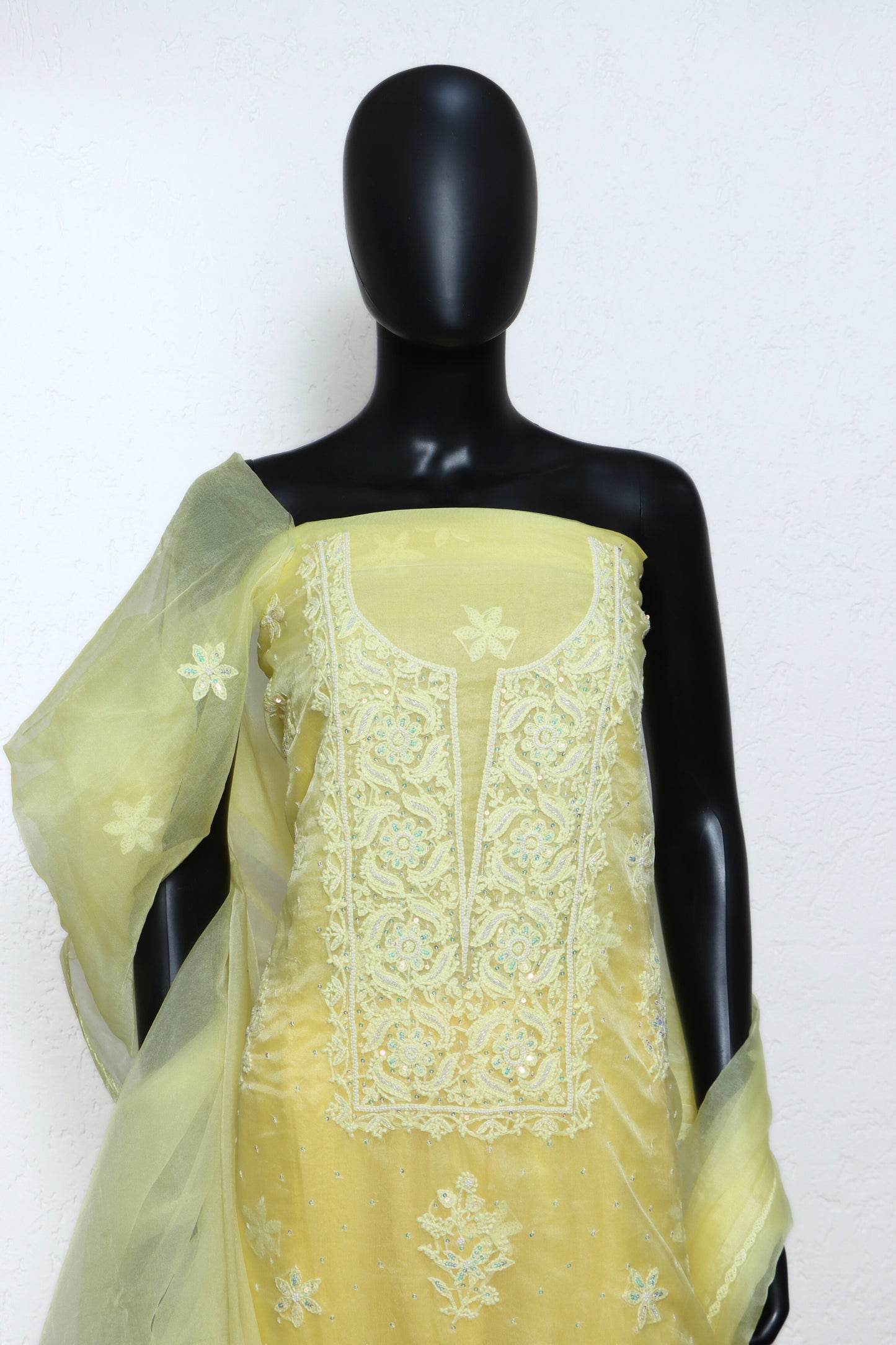 Lemon Yellow Faux Organza 4Pcs Set (Unstitched)