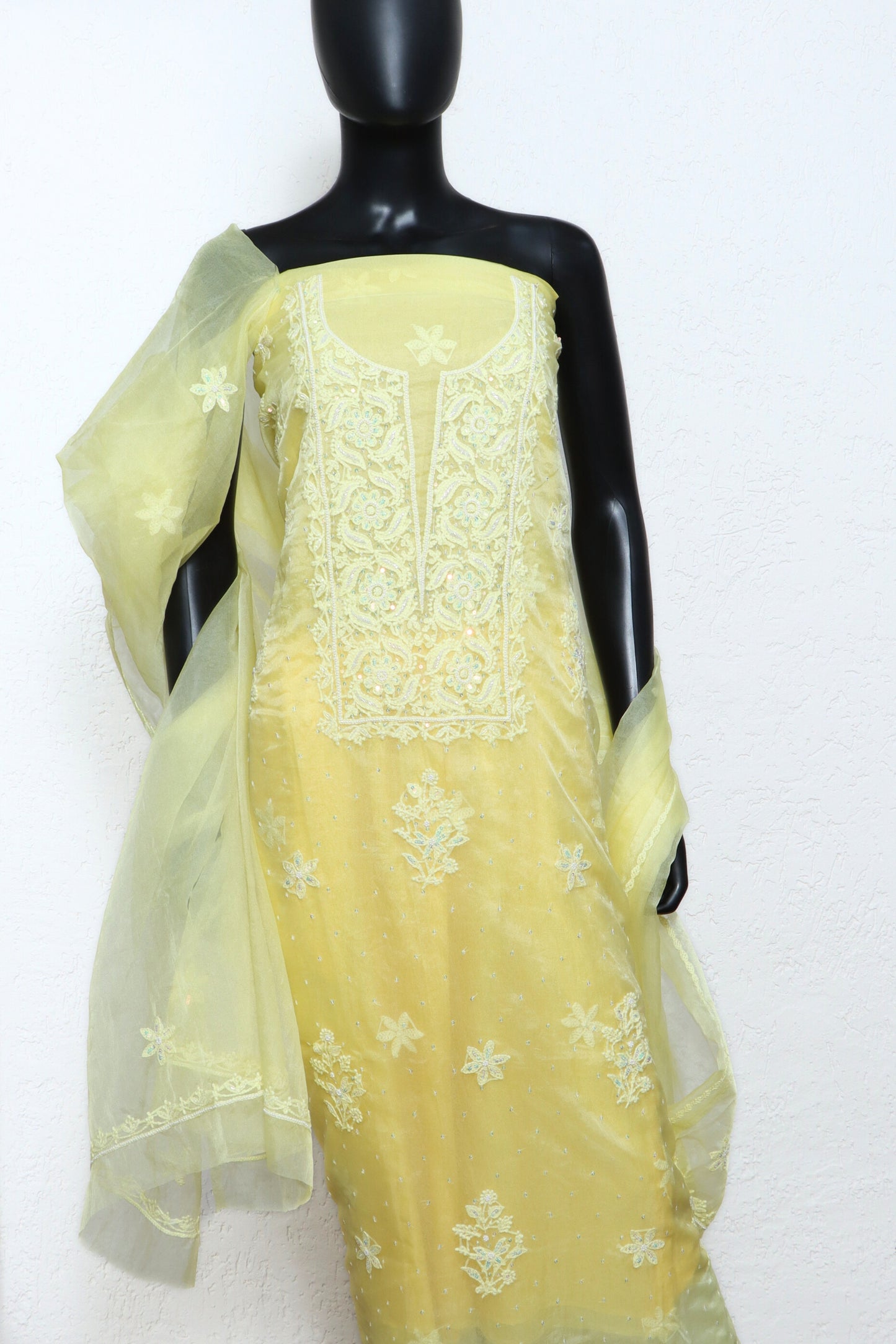 Lemon Yellow Faux Organza 4Pcs Set (Unstitched)