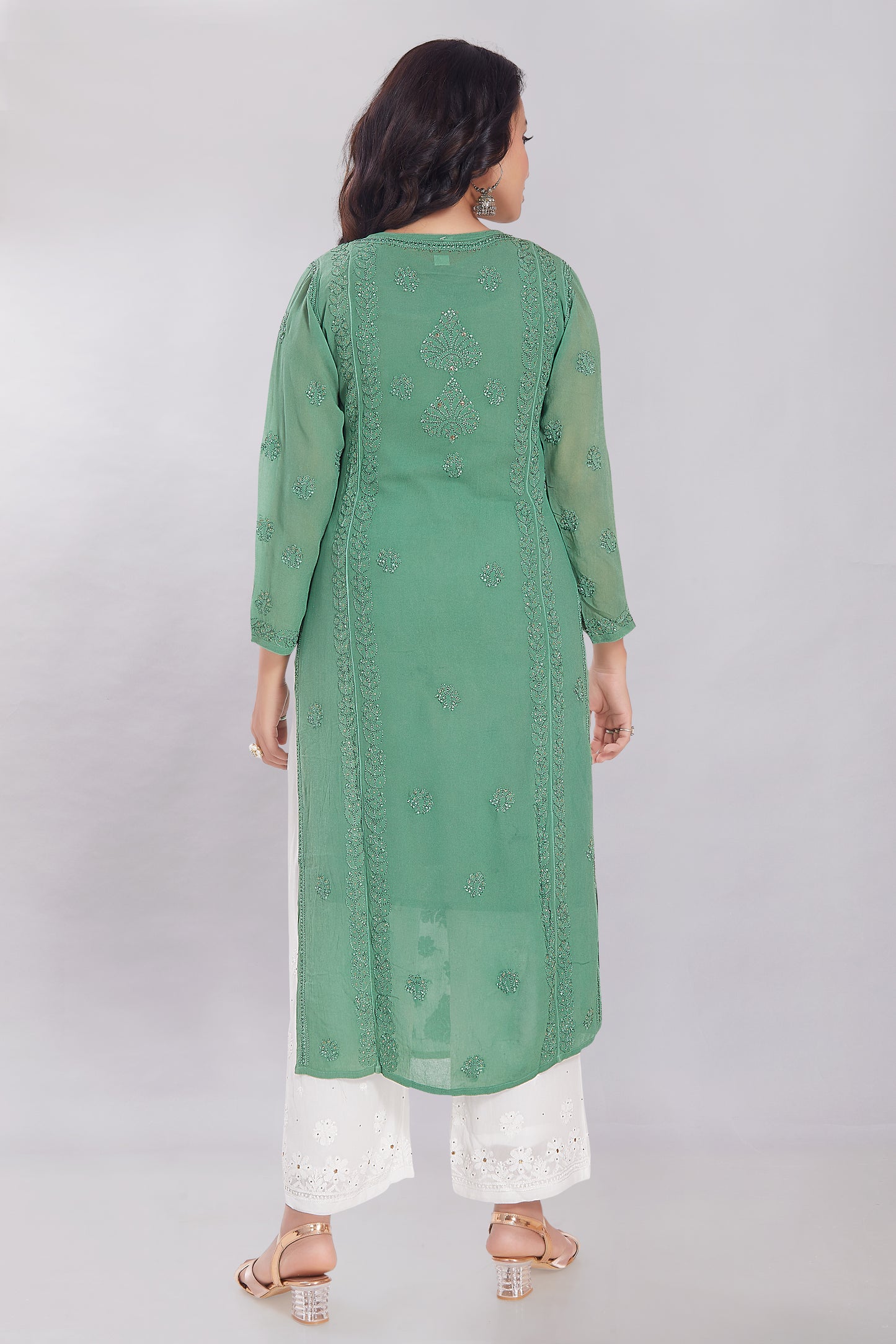 Naaz Jade Green Georgette Mukaish Kurti.