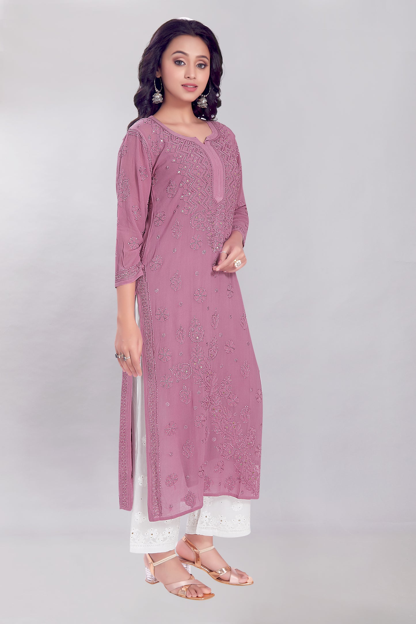 Naaz Plum Purple Georgette Mukaish Kurti.