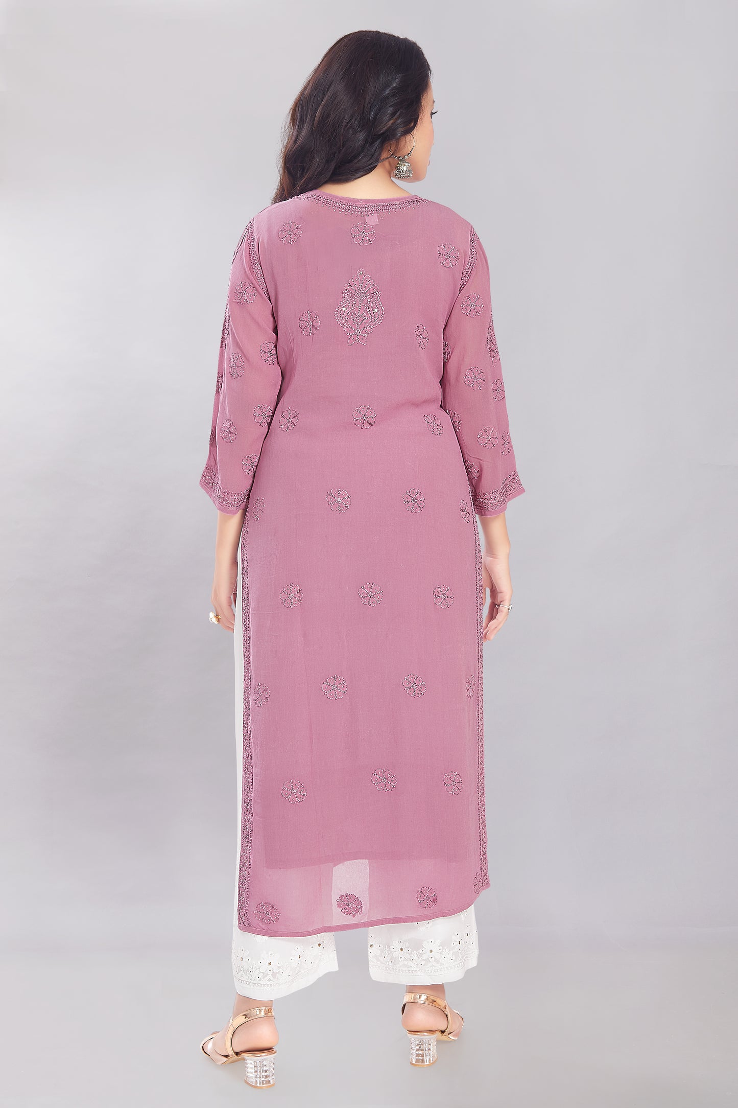 Naaz Plum Purple Georgette Mukaish Kurti.