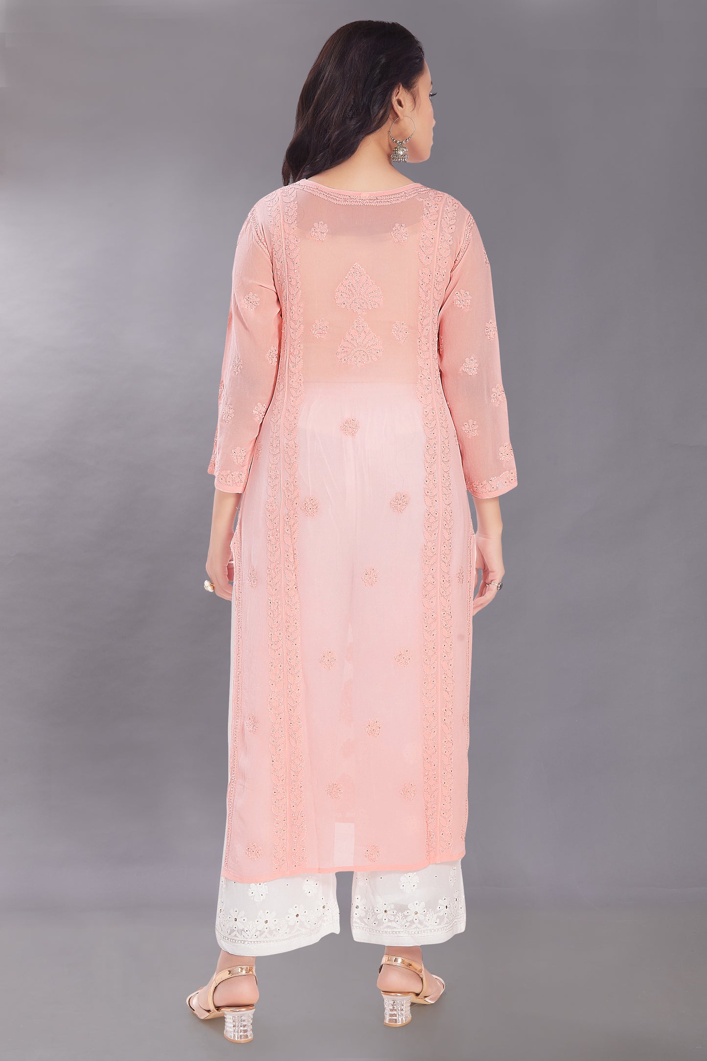 Naaz Powder Pink Georgette Gala Booti Kurti with Mukaish