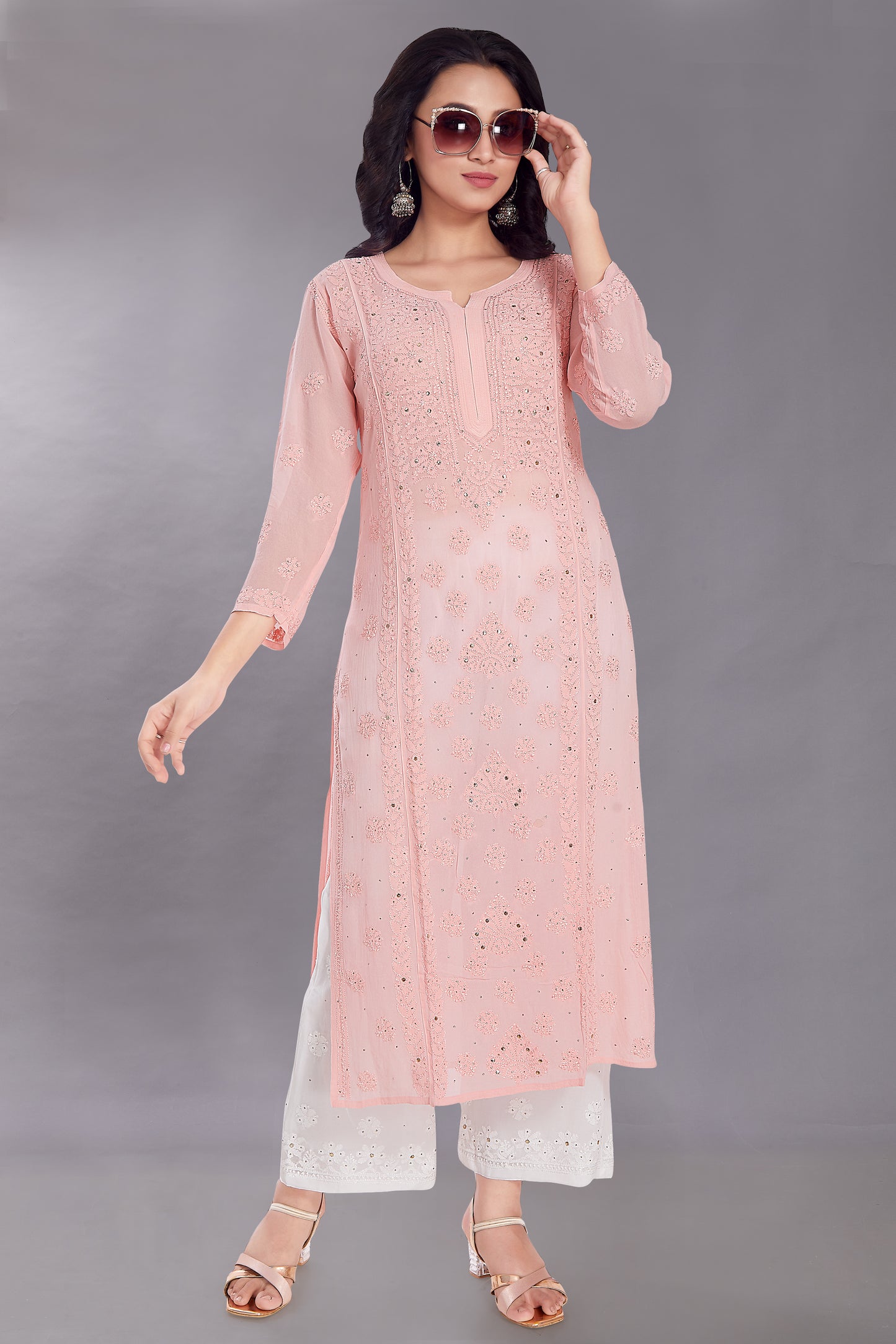 Naaz Powder Pink Georgette Gala Booti Kurti with Mukaish