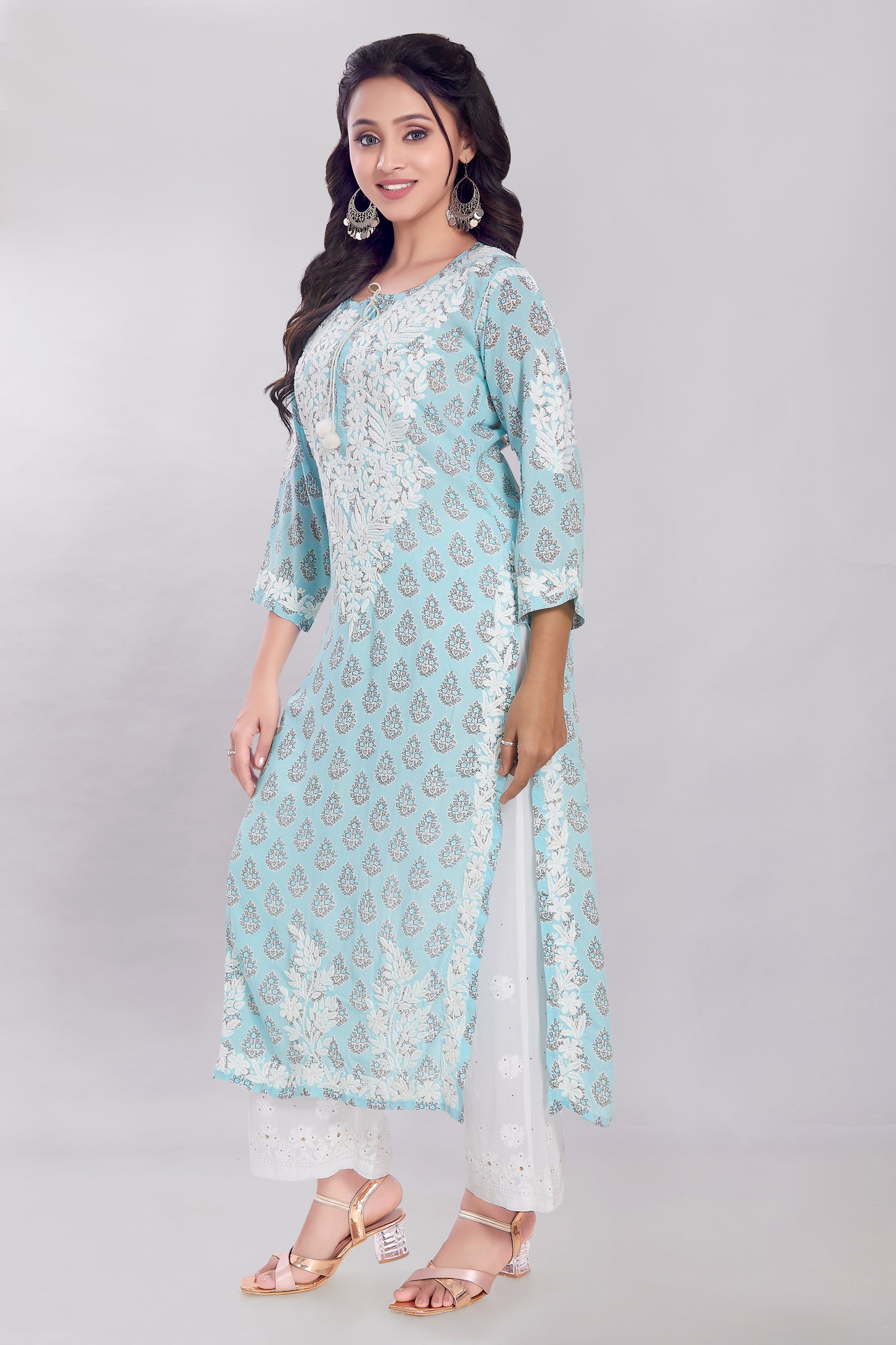 Firdaus Printed Modal Kurti in Aqua Blue