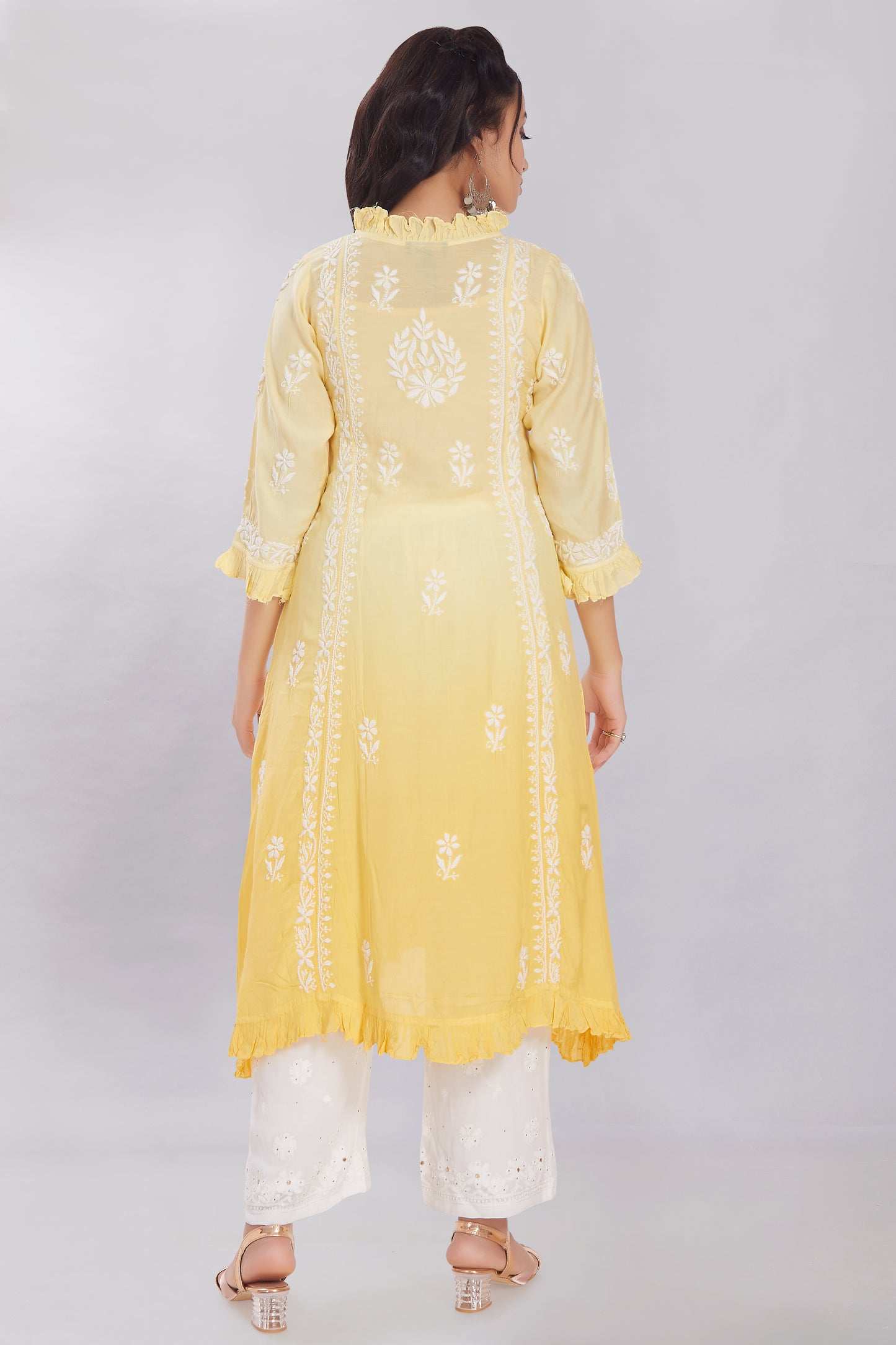 Shagufta Lemon Yellow Muslin A Line Kurti with Frills.