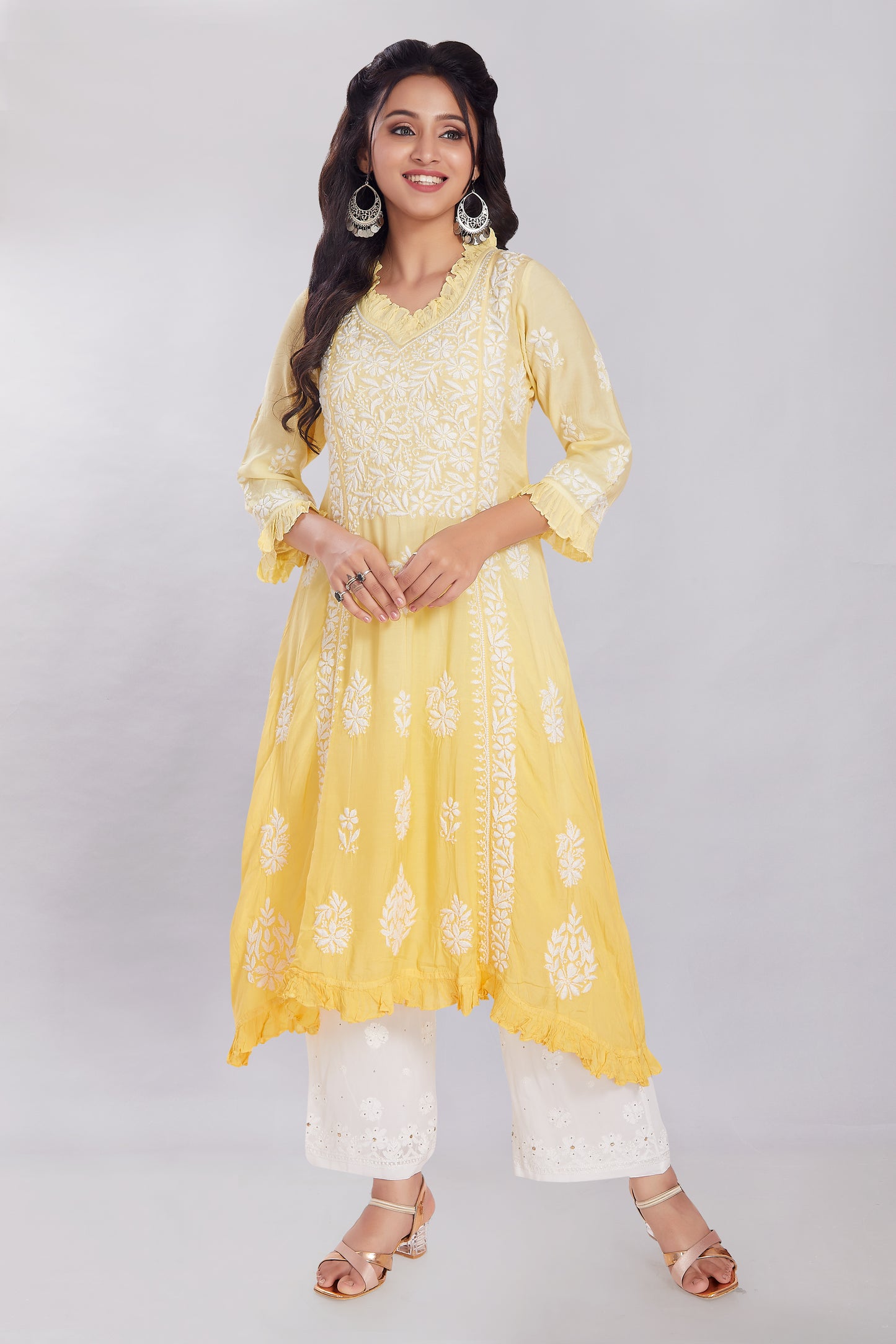 Shagufta Lemon Yellow Muslin A Line Kurti with Frills.