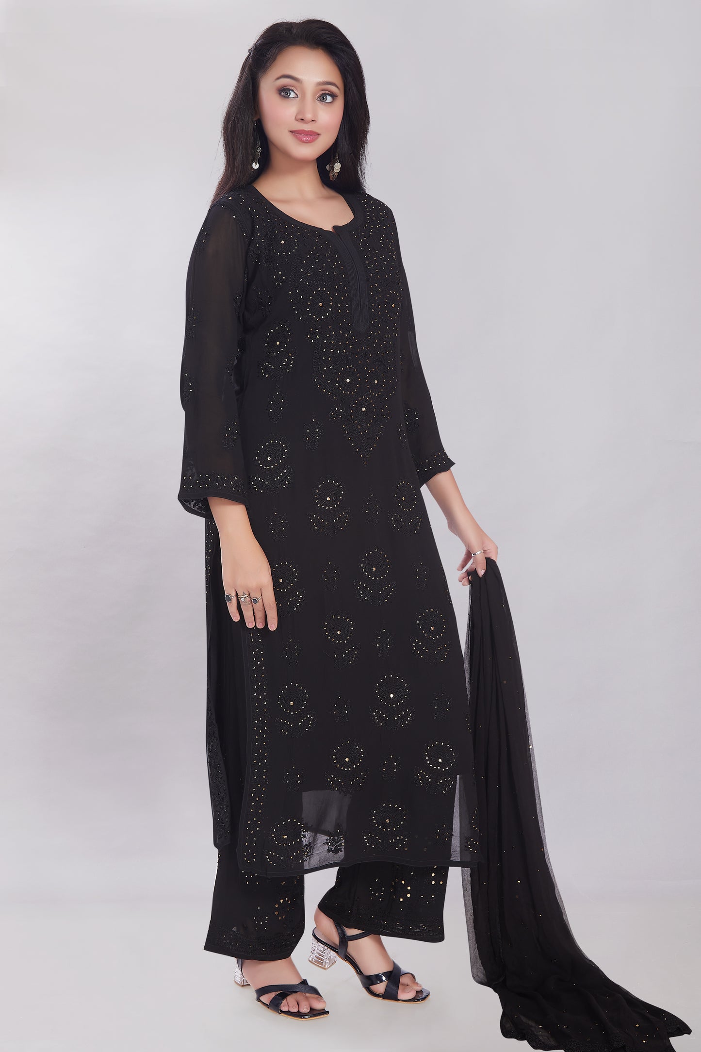 Myrrah Black Georgette Jaal Mukaish Set