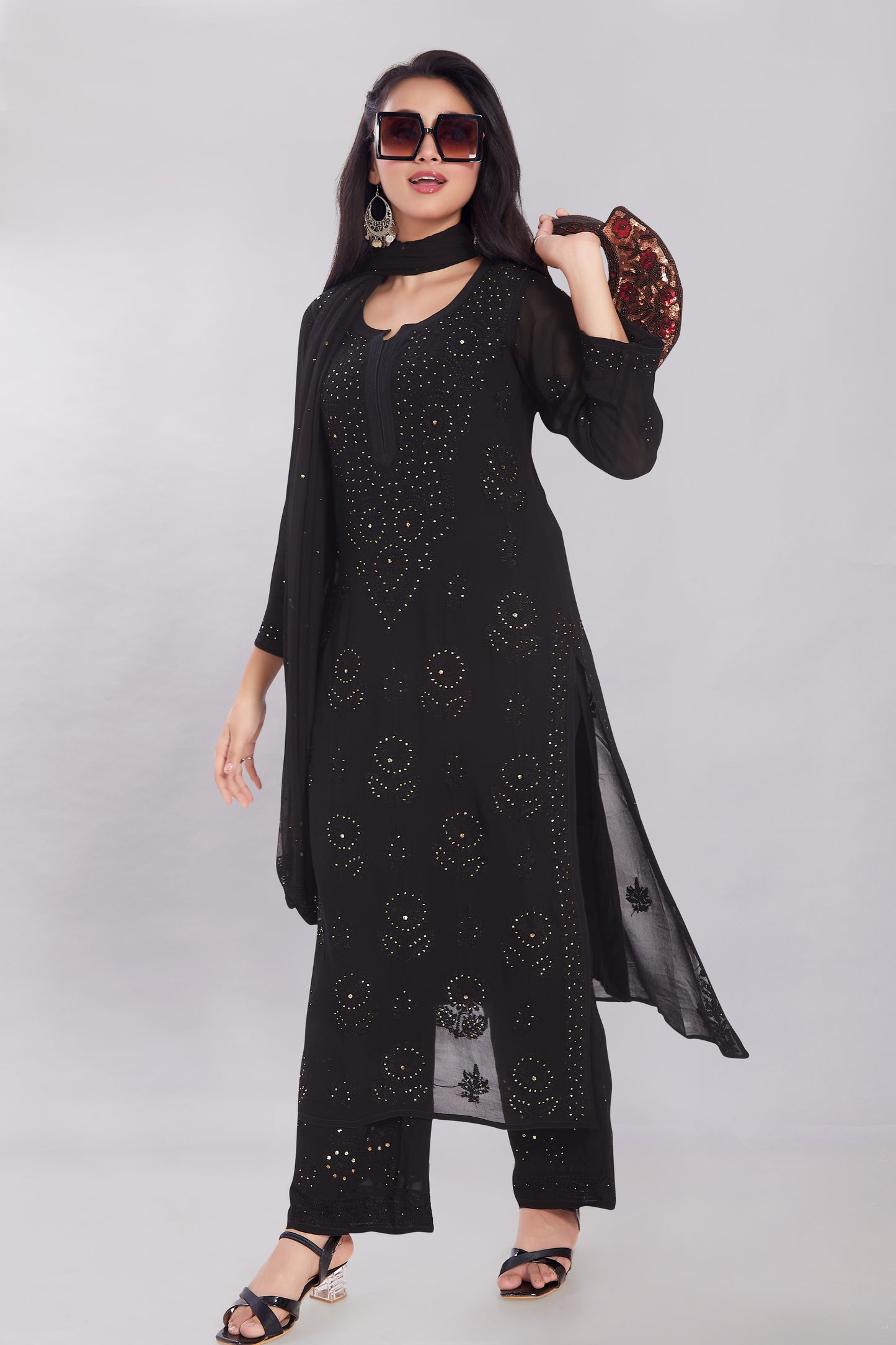 Myrrah Black Georgette Jaal Mukaish Set