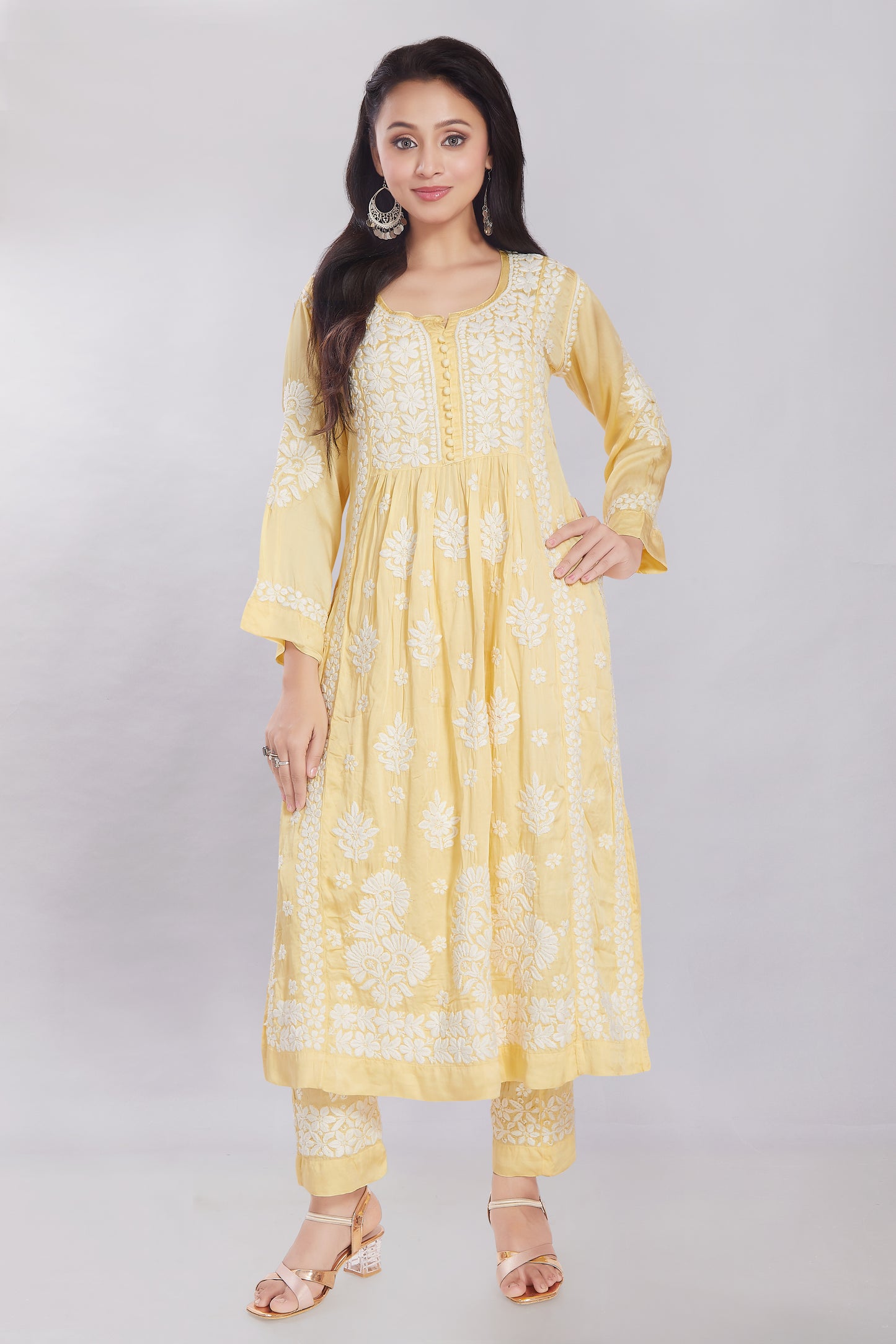 ⁠⁠Huma Yellow Modal Satin Gherdaar Set