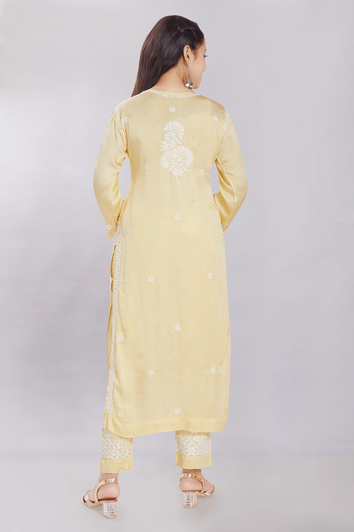 ⁠⁠Huma Yellow Modal Satin Gherdaar Set