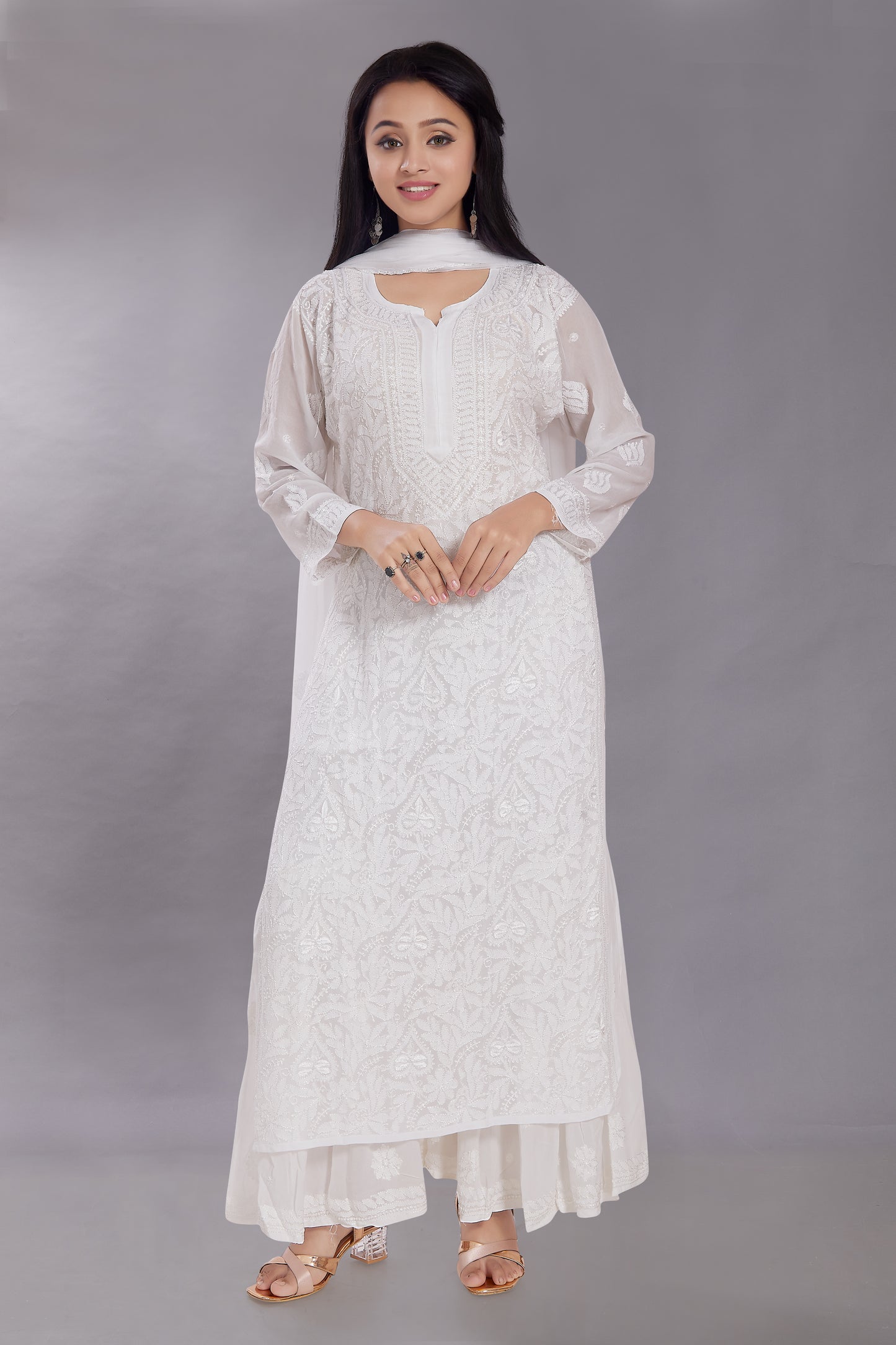 Khusnuma White Georgette Jaal Kurti Set.