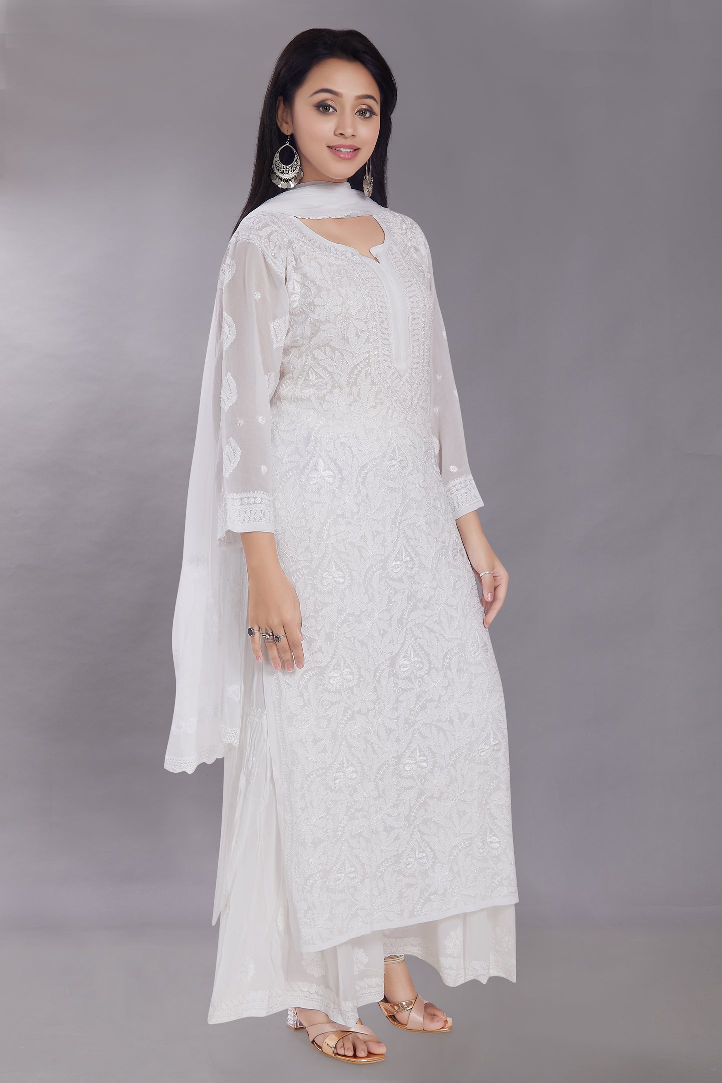 Khusnuma White Georgette Jaal Kurti Set.