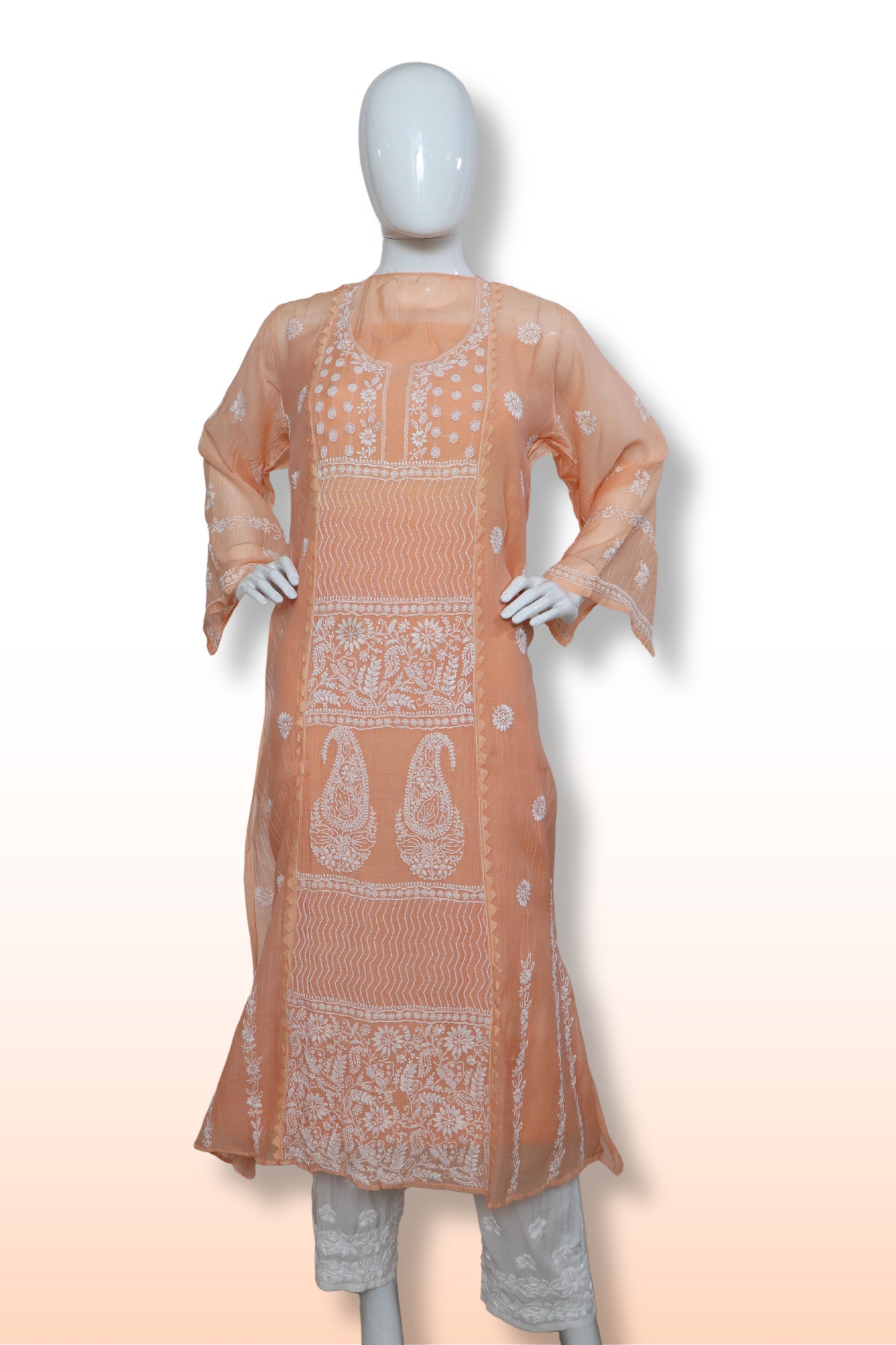 Unstitched Mulchanderi Kurta with Mul Lining and Pants Material in Cotton Satin.